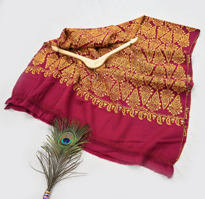 Vintage Maroon Pure Woolen Shawl Hand Embroidered Long Throw Stole Warm Stole Floral Design