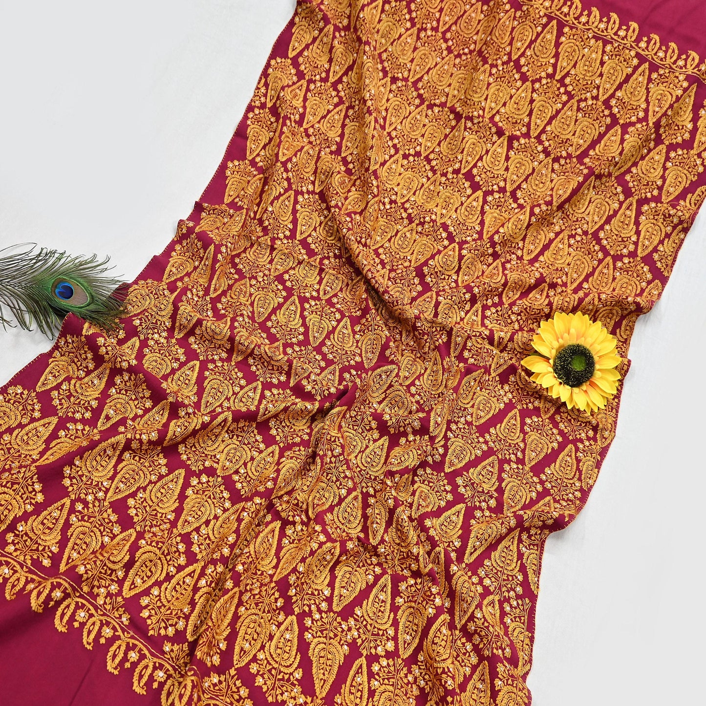 Vintage Maroon Pure Woolen Shawl Hand Embroidered Long Throw Stole Warm Stole Floral Design