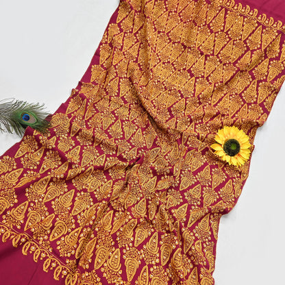 Vintage Maroon Pure Woolen Shawl Hand Embroidered Long Throw Stole Warm Stole Floral Design