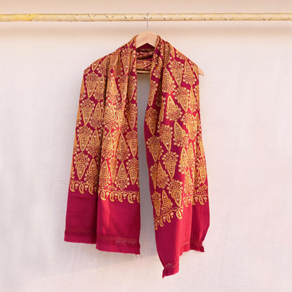 Vintage Maroon Pure Woolen Shawl Hand Embroidered Long Throw Stole Warm Stole Floral Design