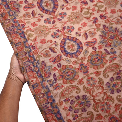 Indian Vintage Brown Pure Woolen Shawl Handmade Woven Jamawar Work Long Throw Stole Warm Paisley Design Soft