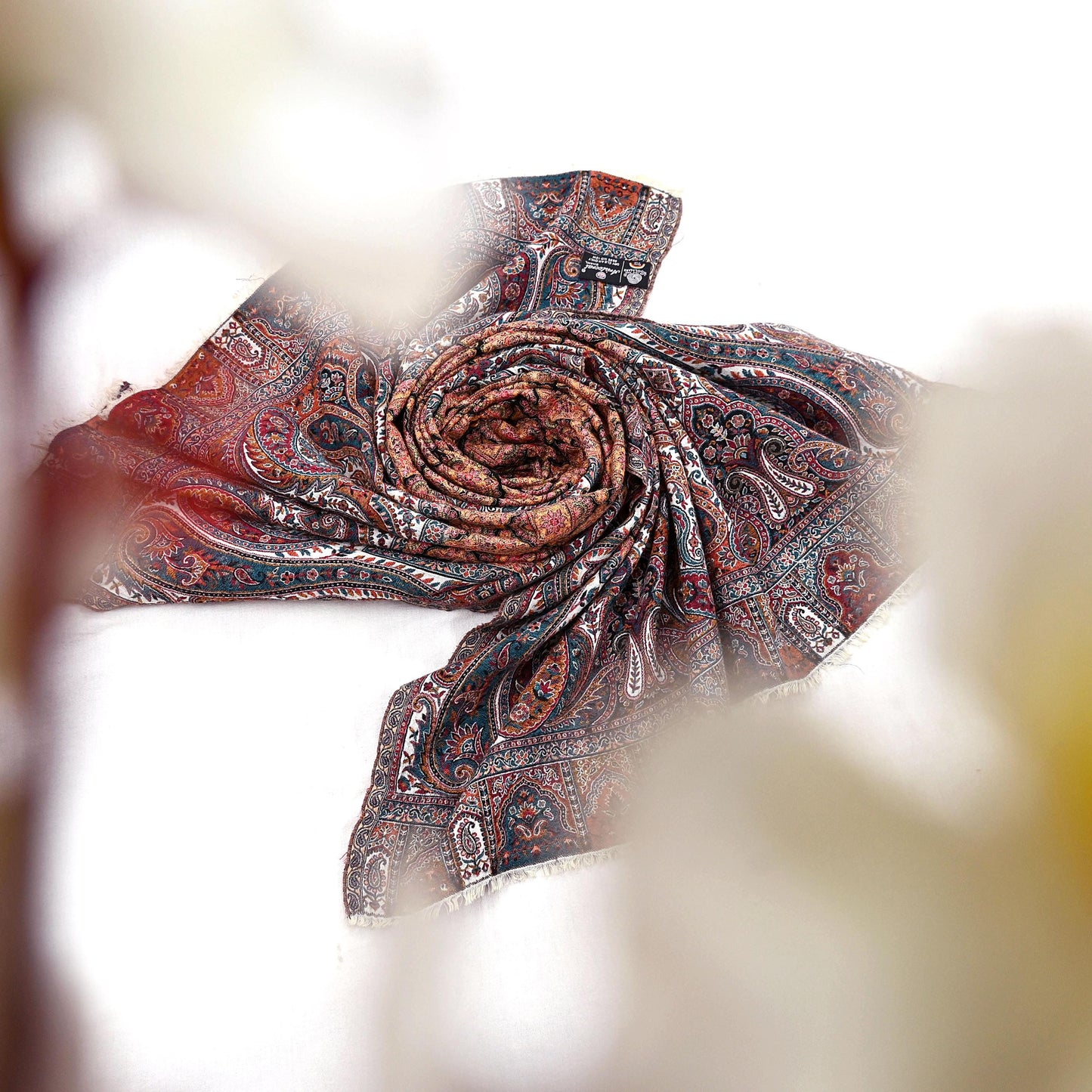 Vintage Stole Black & White woolen Handmade Jamawar work Long Throw Warm Stole Paisley Design Fringes