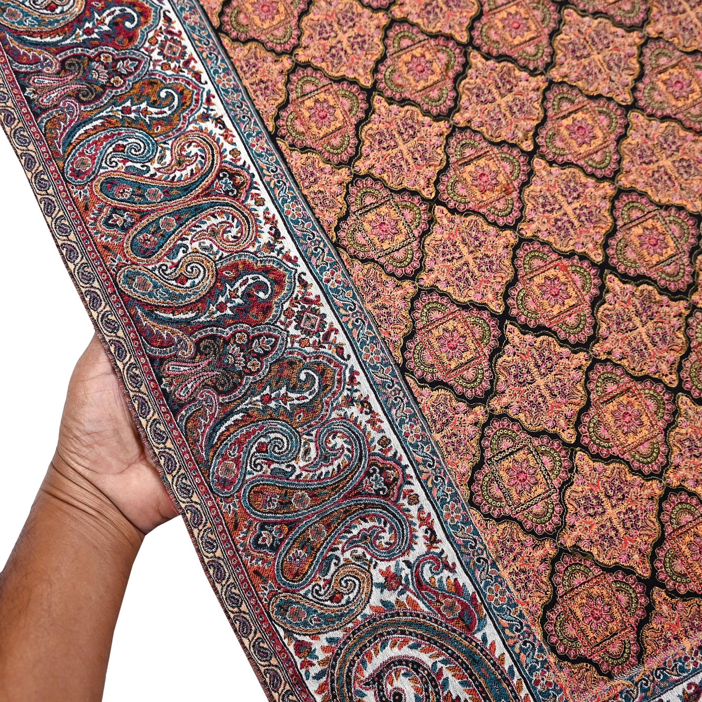 Vintage Stole Black & White woolen Handmade Jamawar work Long Throw Warm Stole Paisley Design Fringes