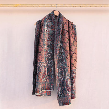 Vintage Stole Black & White woolen Handmade Jamawar work Long Throw Warm Stole Paisley Design Fringes