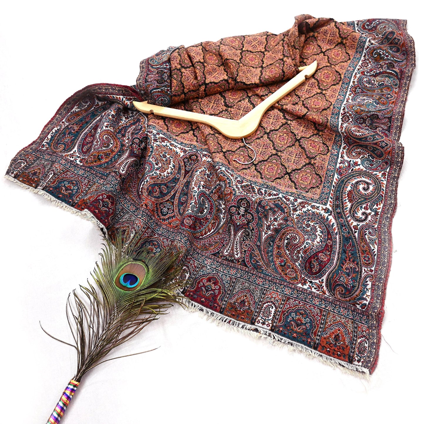 Vintage Stole Black & White woolen Handmade Jamawar work Long Throw Warm Stole Paisley Design Fringes