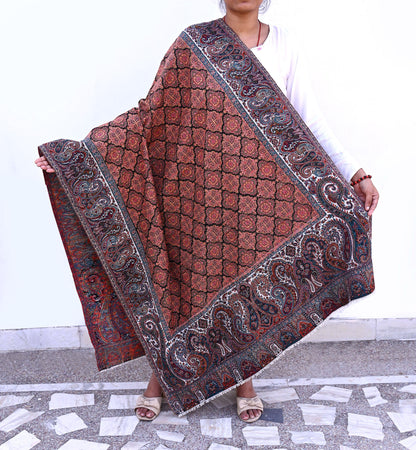 Vintage Stole Black & White woolen Handmade Jamawar work Long Throw Warm Stole Paisley Design Fringes
