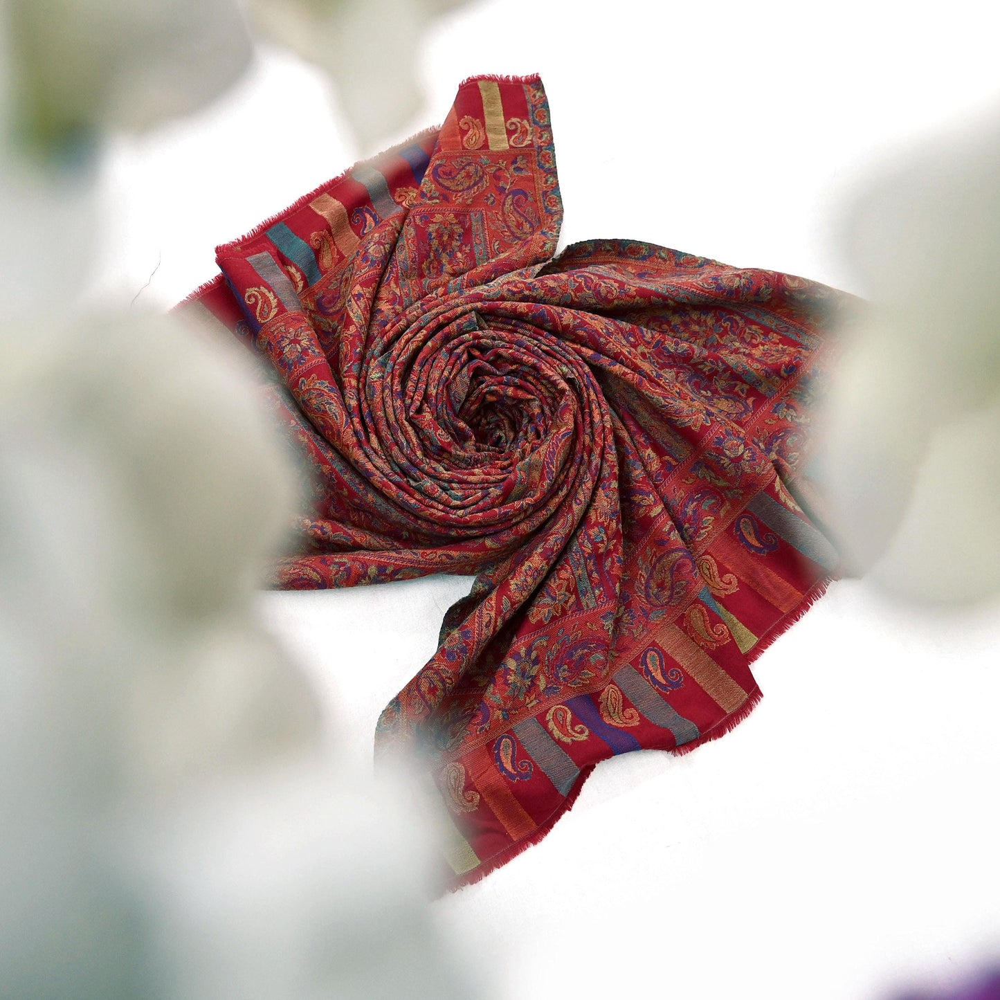 Indian Vintage Maroon Pure Woolen Shawl Handmade Woven Jamawar Work Long Throw Stole Warm Paisley Design Soft