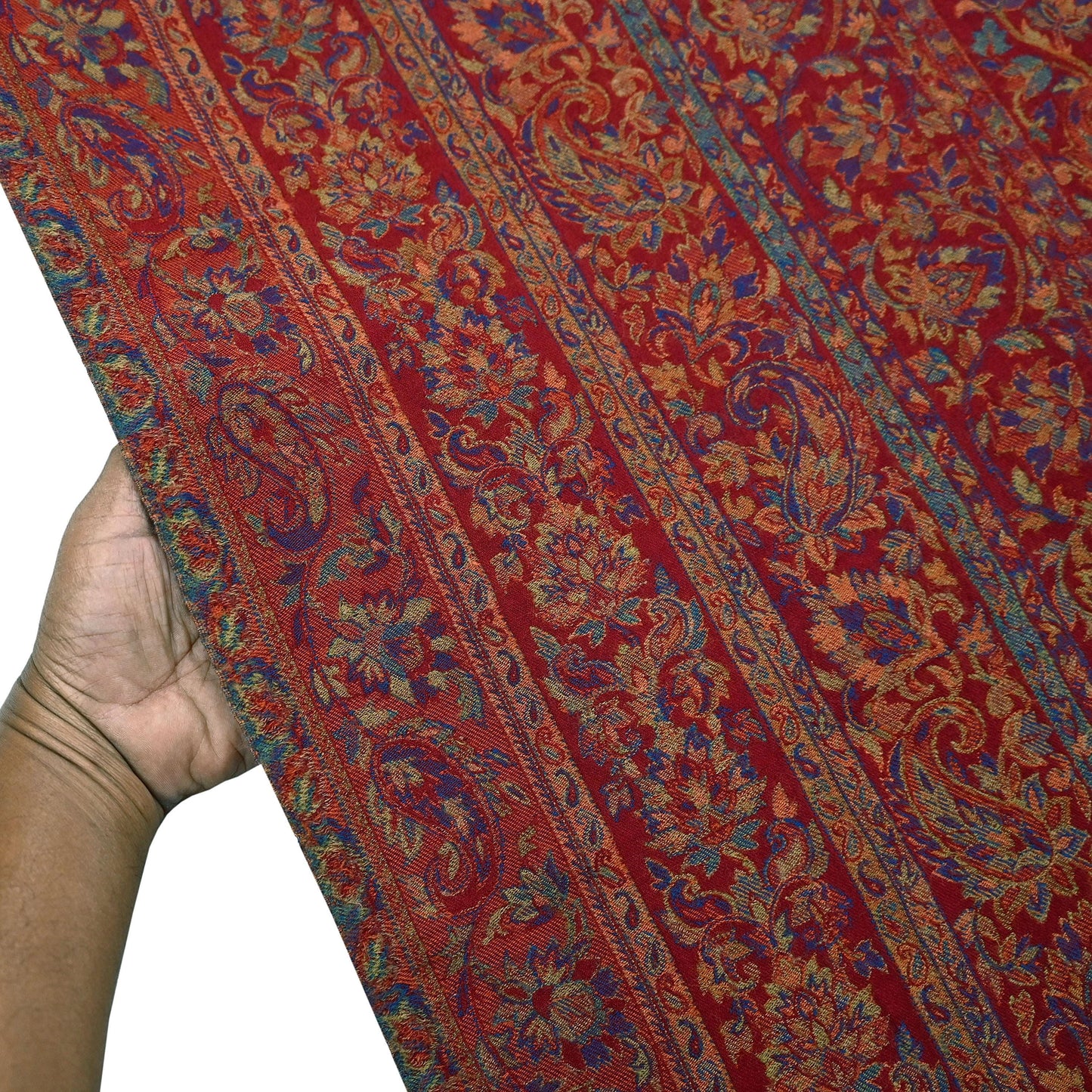 Indian Vintage Maroon Pure Woolen Shawl Handmade Woven Jamawar Work Long Throw Stole Warm Paisley Design Soft