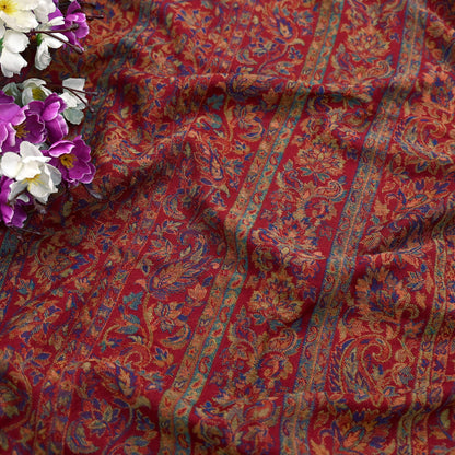 Indian Vintage Maroon Pure Woolen Shawl Handmade Woven Jamawar Work Long Throw Stole Warm Paisley Design Soft