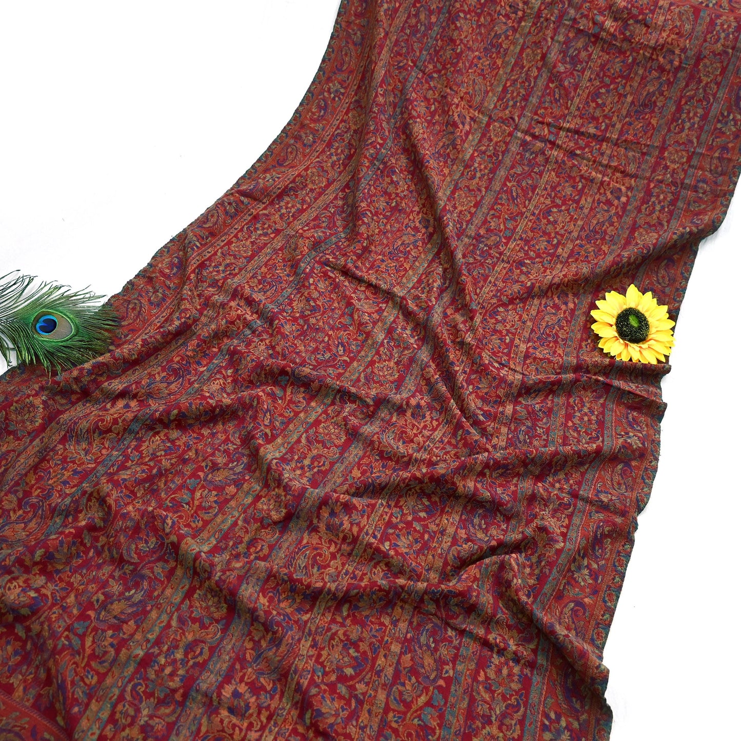 Indian Vintage Maroon Pure Woolen Shawl Handmade Woven Jamawar Work Long Throw Stole Warm Paisley Design Soft