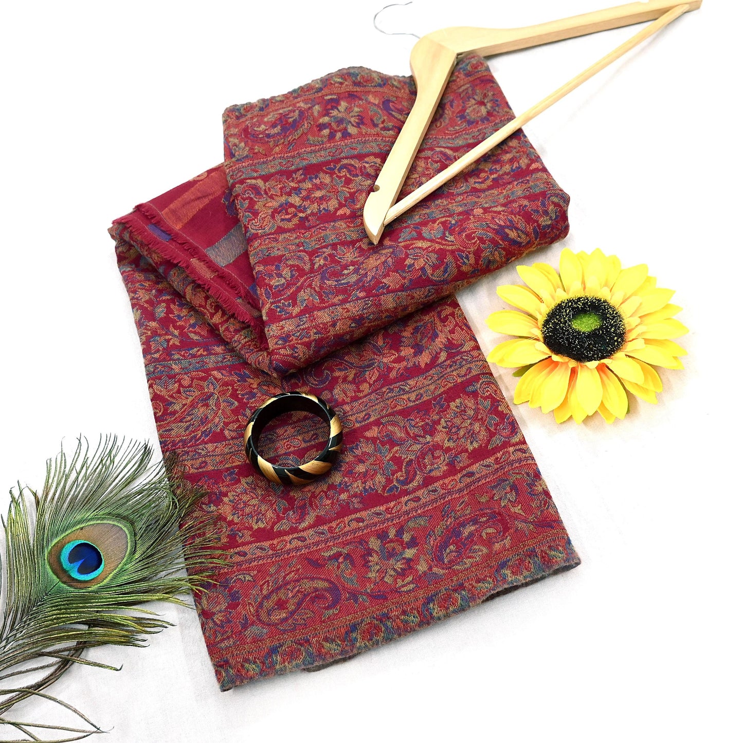 Indian Vintage Maroon Pure Woolen Shawl Handmade Woven Jamawar Work Long Throw Stole Warm Paisley Design Soft