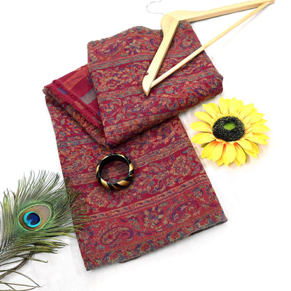 Indian Vintage Maroon Pure Woolen Shawl Handmade Woven Jamawar Work Long Throw Stole Warm Paisley Design Soft