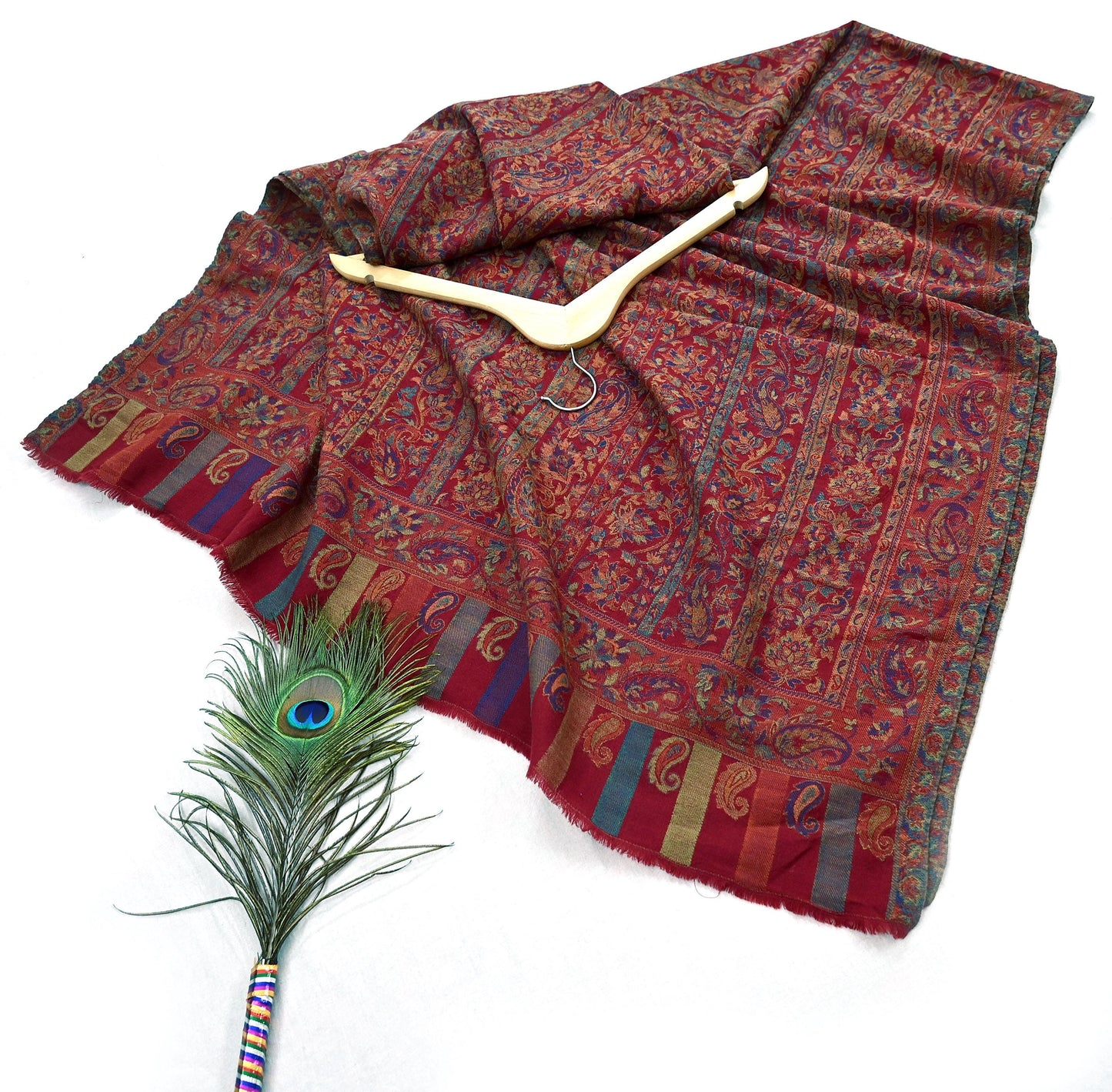 Indian Vintage Maroon Pure Woolen Shawl Handmade Woven Jamawar Work Long Throw Stole Warm Paisley Design Soft