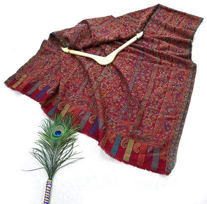 Indian Vintage Maroon Pure Woolen Shawl Handmade Woven Jamawar Work Long Throw Stole Warm Paisley Design Soft