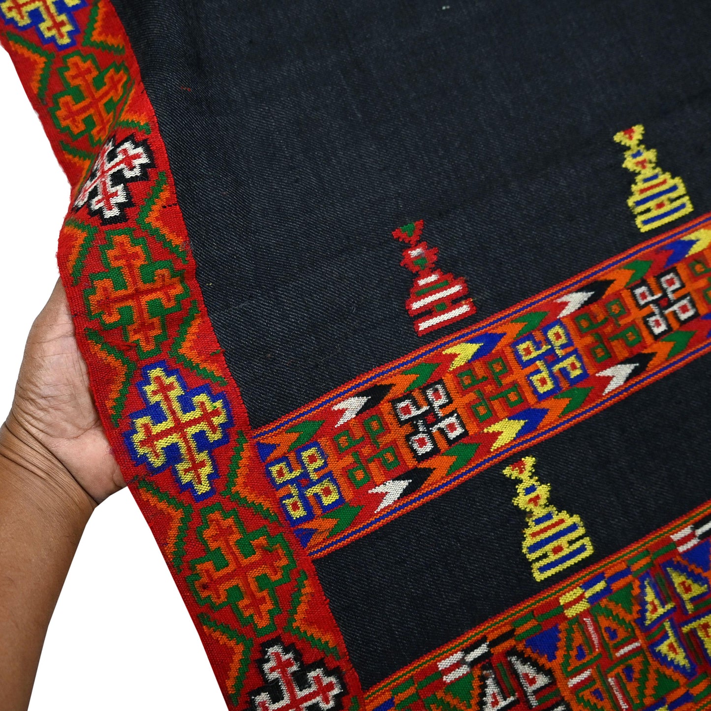 Vintage Black Pure Woolen Handmade Kullu Shawl Woven work Long Throw Stole Warm Stole Warm Fringes