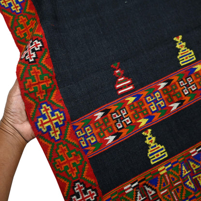 Vintage Black Pure Woolen Handmade Kullu Shawl Woven work Long Throw Stole Warm Stole Warm Fringes