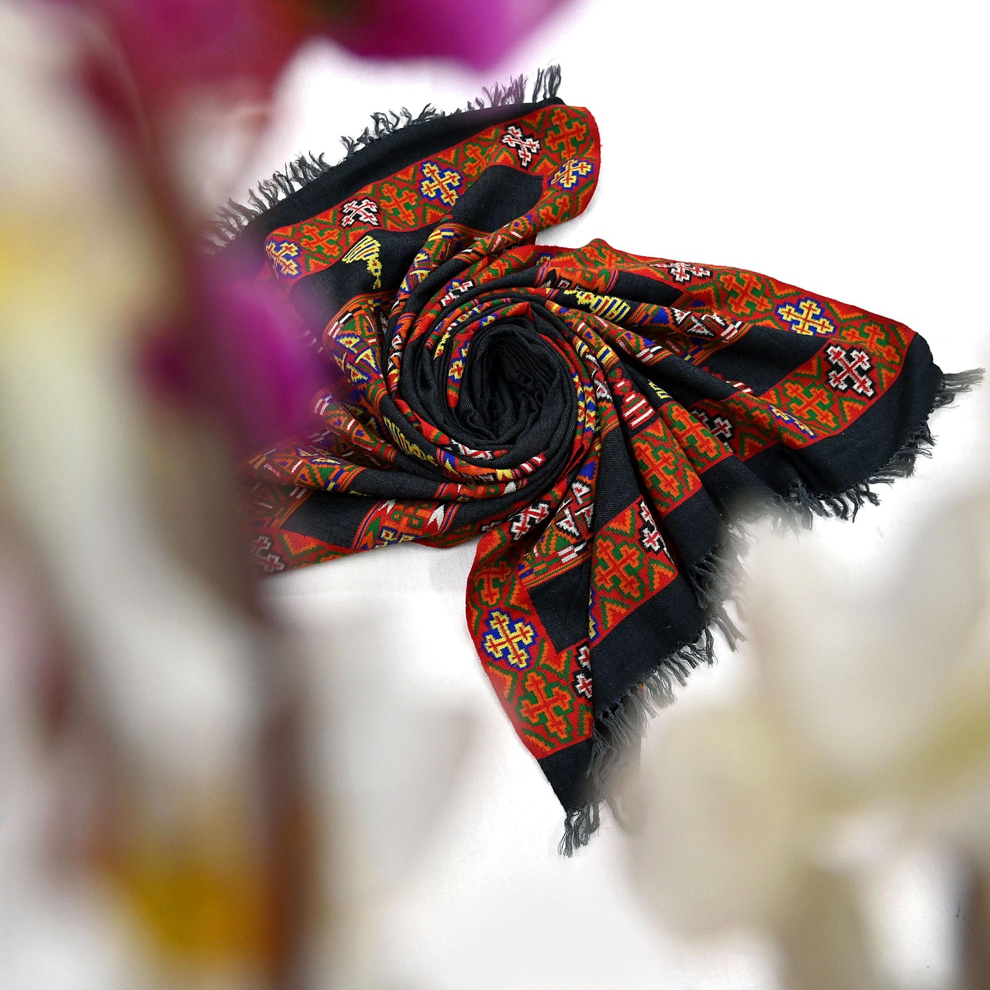 Vintage Black Pure Woolen Handmade Kullu Shawl Woven work Long Throw Stole Warm Stole Warm Fringes