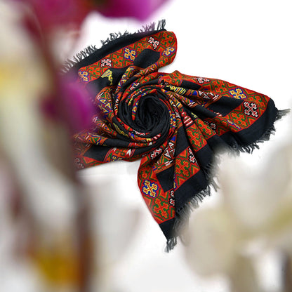 Vintage Black Pure Woolen Handmade Kullu Shawl Woven work Long Throw Stole Warm Stole Warm Fringes
