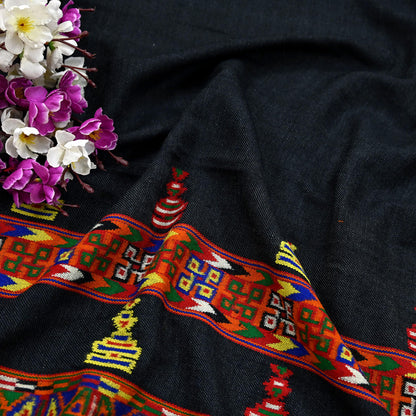 Vintage Black Pure Woolen Handmade Kullu Shawl Woven work Long Throw Stole Warm Stole Warm Fringes