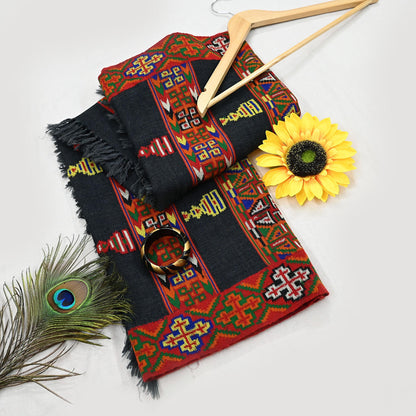 Vintage Black Pure Woolen Handmade Kullu Shawl Woven work Long Throw Stole Warm Stole Warm Fringes