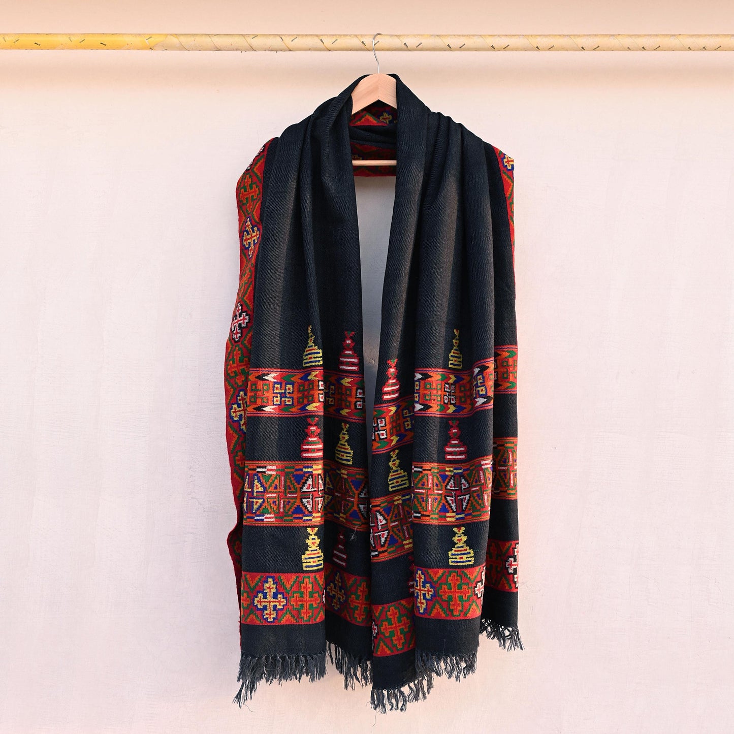 Vintage Black Pure Woolen Handmade Kullu Shawl Woven work Long Throw Stole Warm Stole Warm Fringes