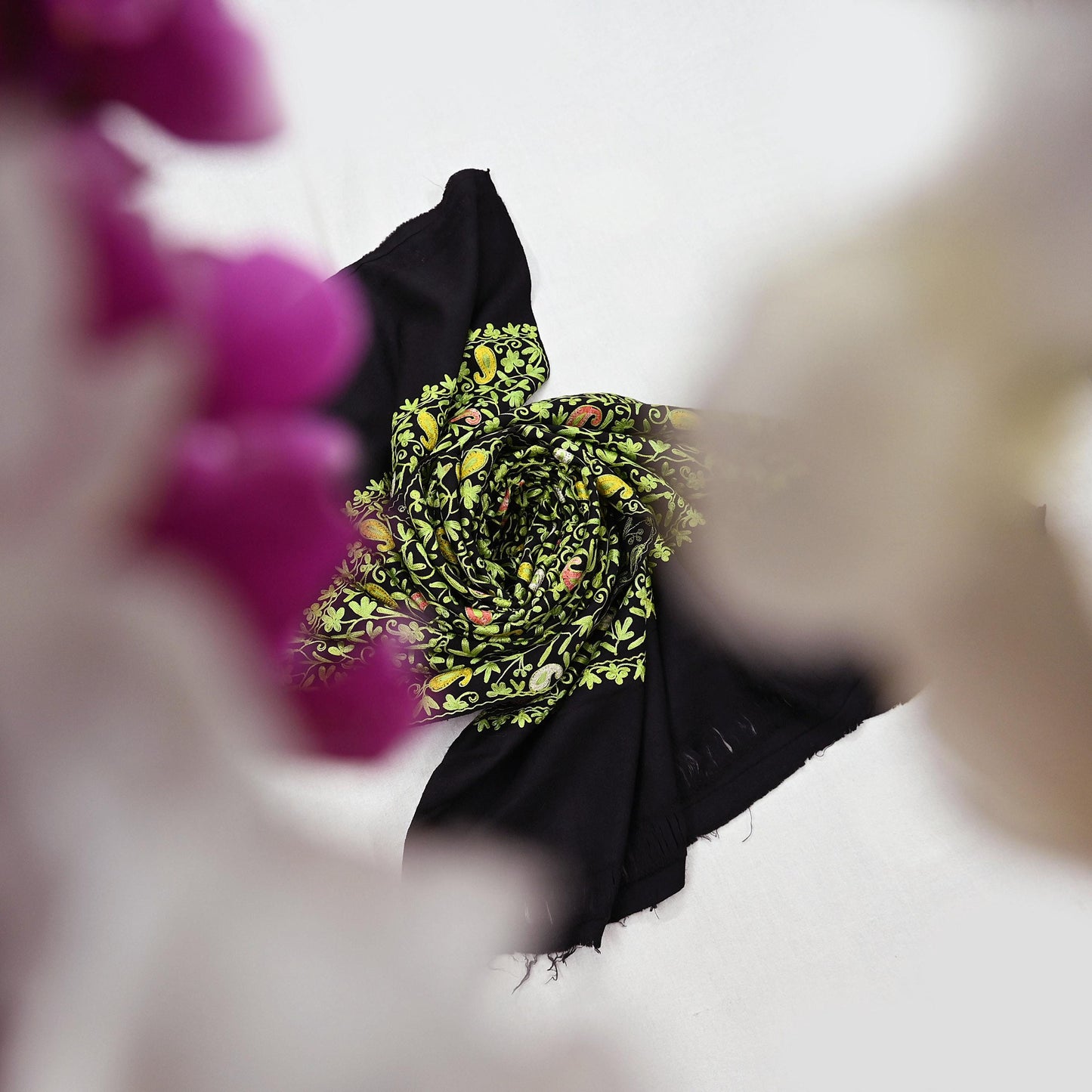 Indian Vintage Black Pure Woolen Shawl Handmade Ari work Long Throw Stole Warm Stole Floral Design Upcycle Crafting Used