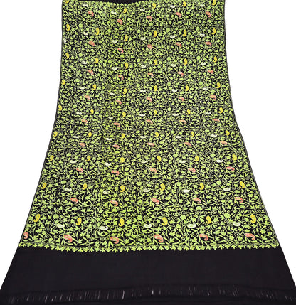 Indian Vintage Black Pure Woolen Shawl Handmade Ari work Long Throw Stole Warm Stole Floral Design Upcycle Crafting Used