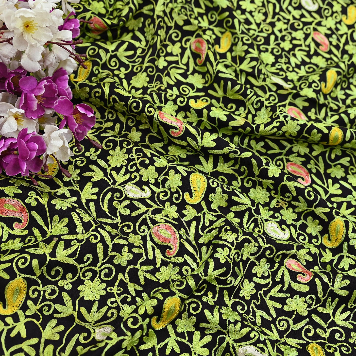 Indian Vintage Black Pure Woolen Shawl Handmade Ari work Long Throw Stole Warm Stole Floral Design Upcycle Crafting Used