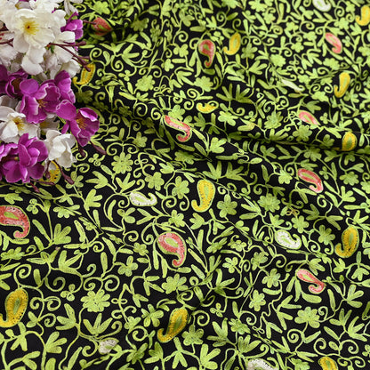 Indian Vintage Black Pure Woolen Shawl Handmade Ari work Long Throw Stole Warm Stole Floral Design Upcycle Crafting Used