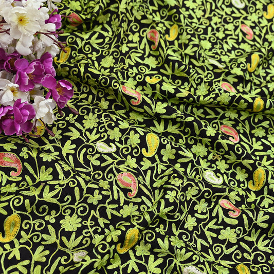 Indian Vintage Black Pure Woolen Shawl Handmade Ari work Long Throw Stole Warm Stole Floral Design Upcycle Crafting Used