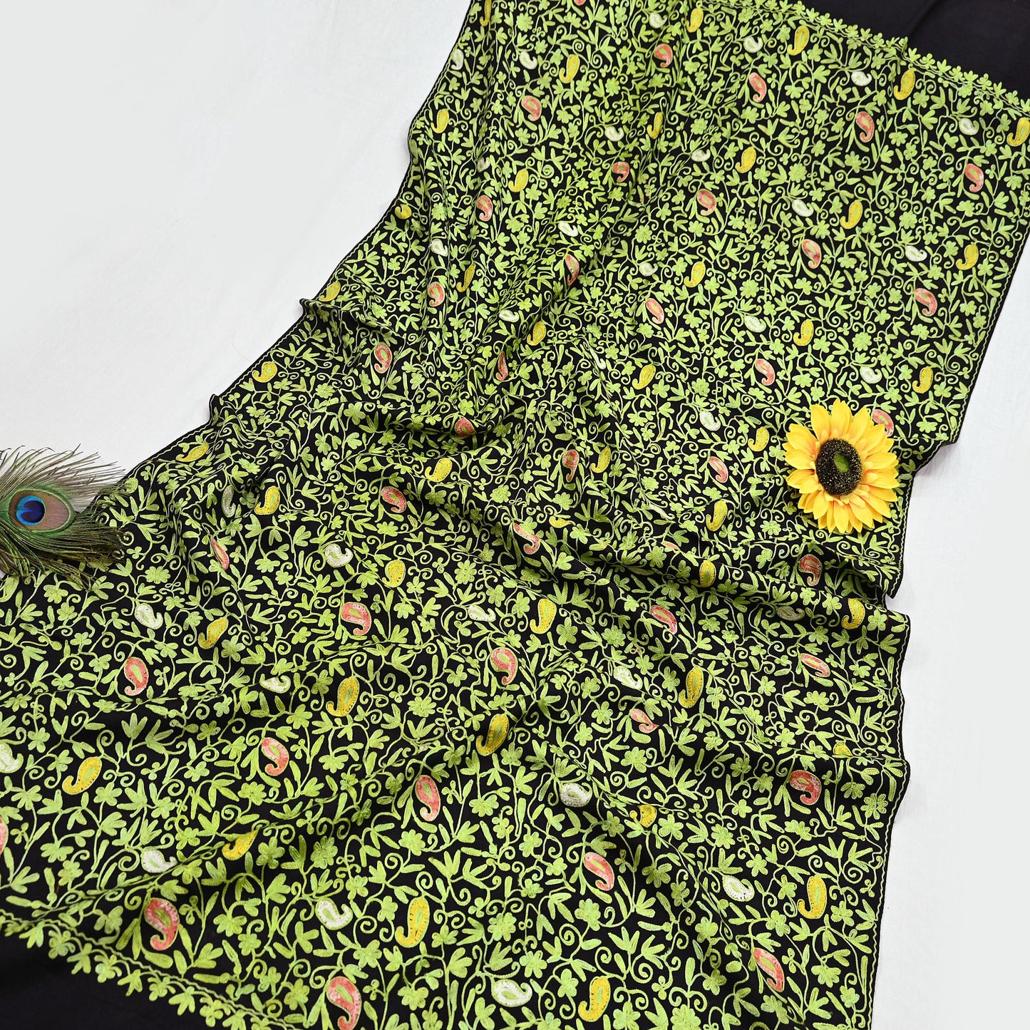 Indian Vintage Black Pure Woolen Shawl Handmade Ari work Long Throw Stole Warm Stole Floral Design Upcycle Crafting Used