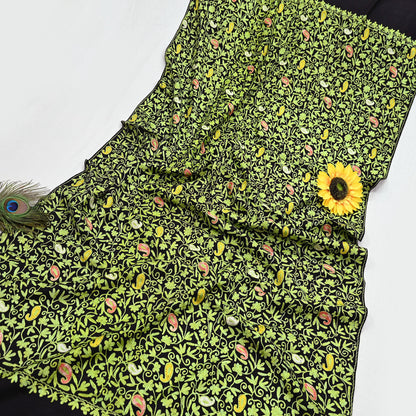 Indian Vintage Black Pure Woolen Shawl Handmade Ari work Long Throw Stole Warm Stole Floral Design Upcycle Crafting Used