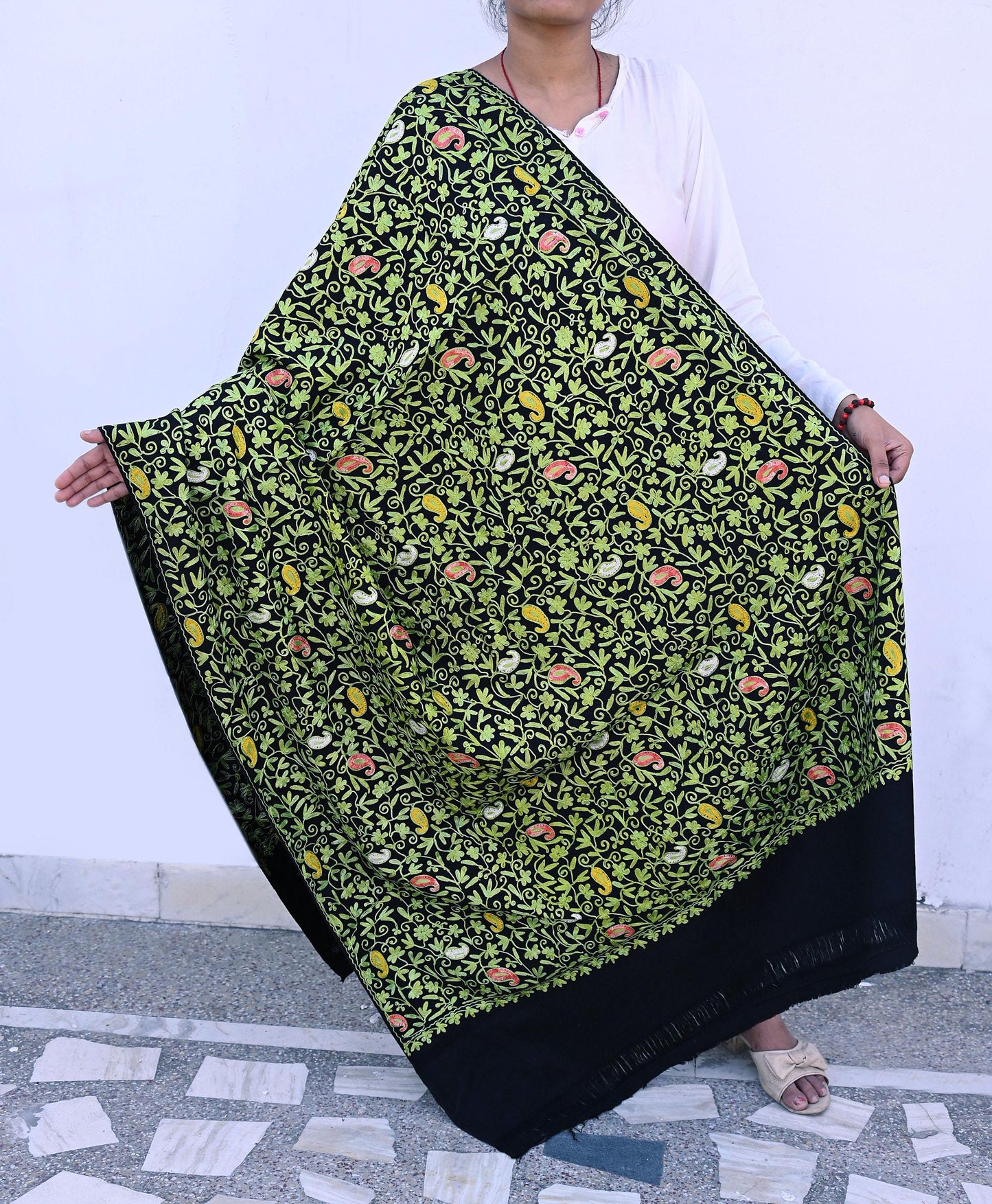 Indian Vintage Black Pure Woolen Shawl Handmade Ari work Long Throw Stole Warm Stole Floral Design Upcycle Crafting Used