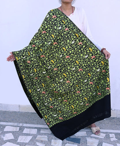Indian Vintage Black Pure Woolen Shawl Handmade Ari work Long Throw Stole Warm Stole Floral Design Upcycle Crafting Used