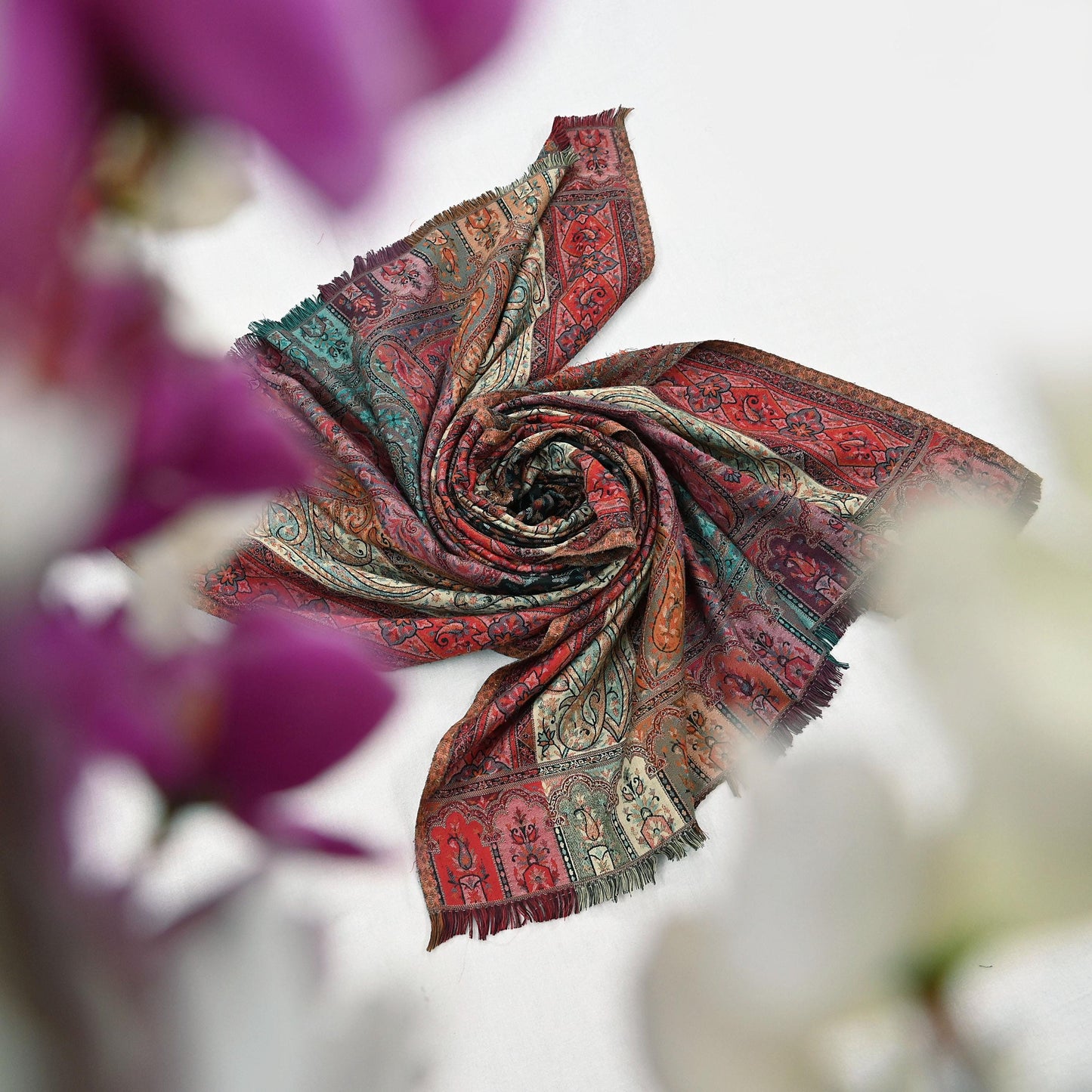 Vintage Stole Black woolen Handmade Jamawar work Long Throw Warm Stole Paisley Design Fringes