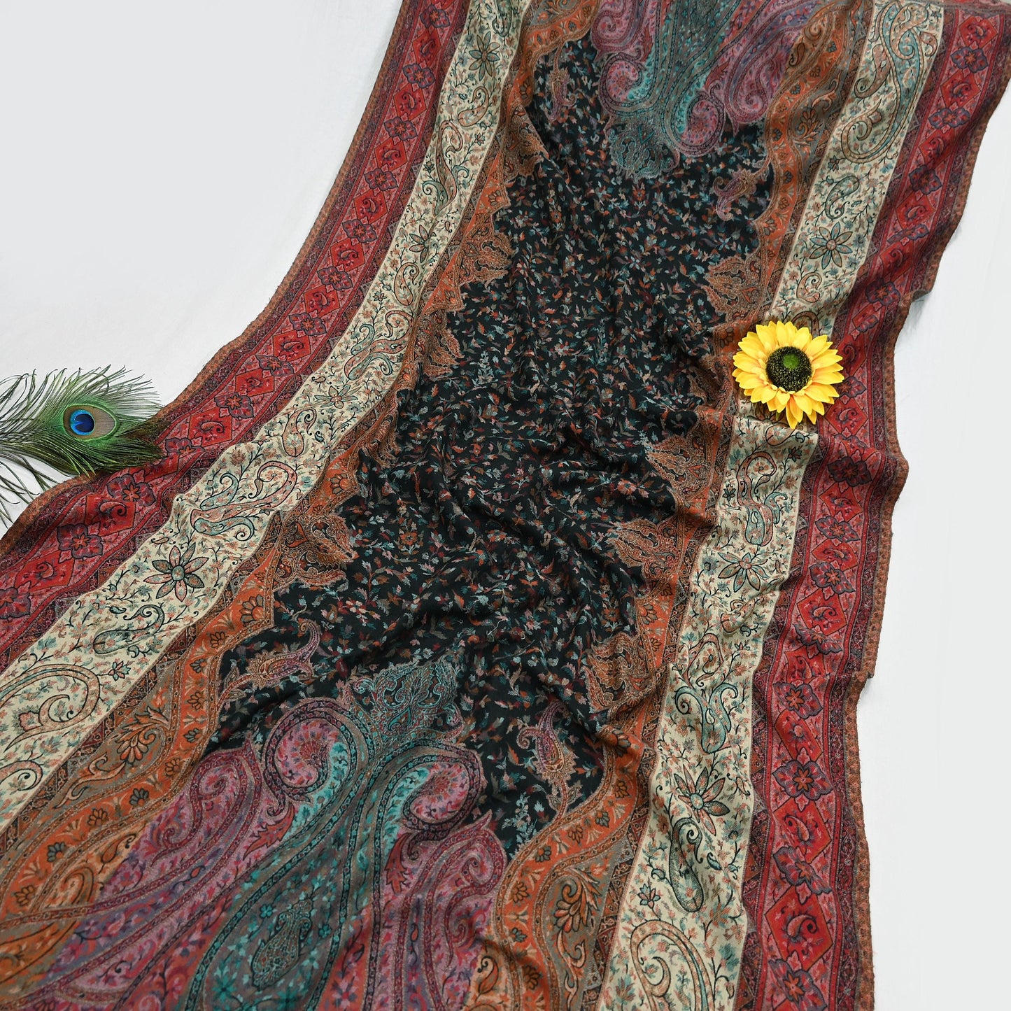 Vintage Stole Black woolen Handmade Jamawar work Long Throw Warm Stole Paisley Design Fringes