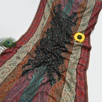 Vintage Stole Black woolen Handmade Jamawar work Long Throw Warm Stole Paisley Design Fringes