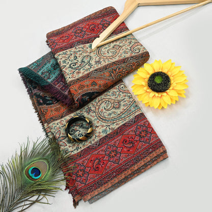 Vintage Stole Black woolen Handmade Jamawar work Long Throw Warm Stole Paisley Design Fringes