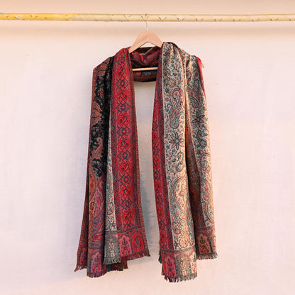 Vintage Stole Black woolen Handmade Jamawar work Long Throw Warm Stole Paisley Design Fringes