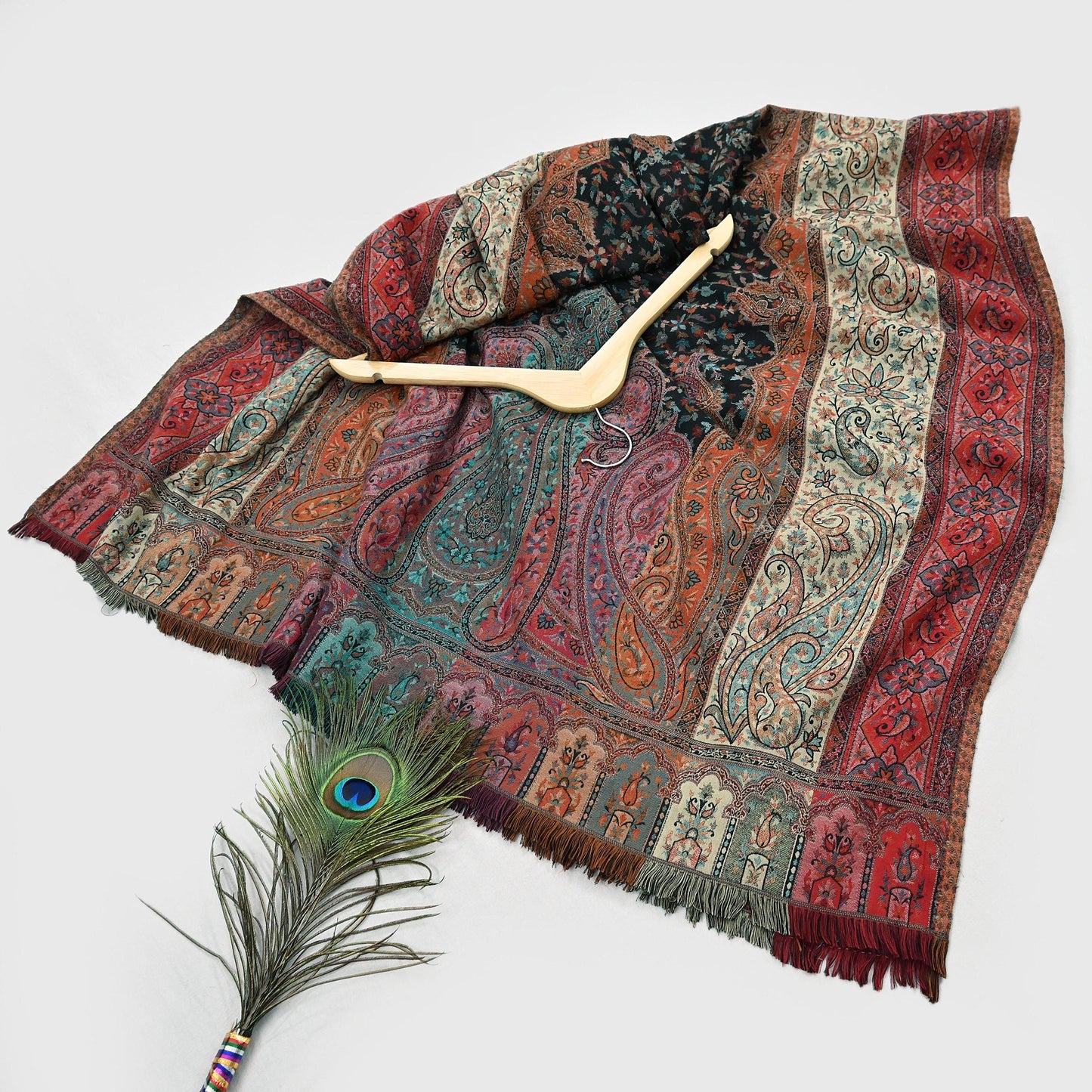 Vintage Stole Black woolen Handmade Jamawar work Long Throw Warm Stole Paisley Design Fringes