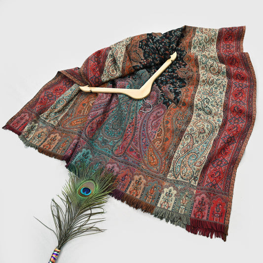 Vintage Stole Black woolen Handmade Jamawar work Long Throw Warm Stole Paisley Design Fringes