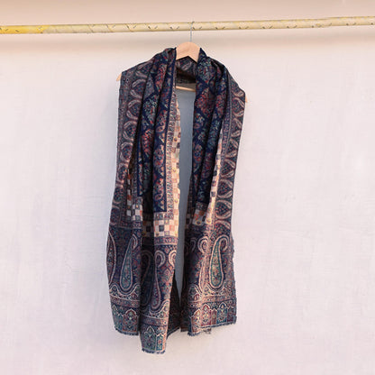 Vintage Stole Blue woolen Handmade Jamawar work Long Throw Warm Stole Paisley Design Fringes