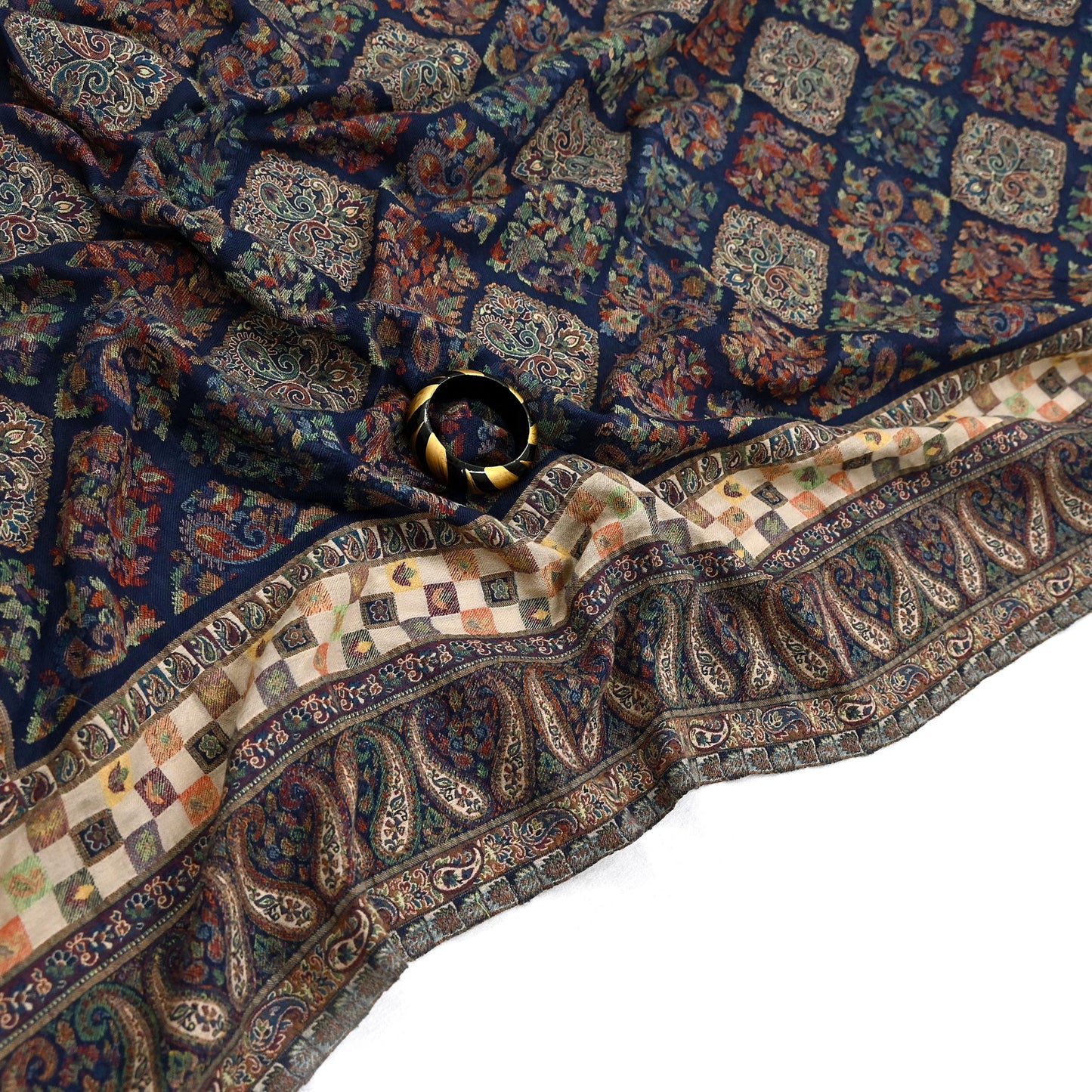 Vintage Stole Blue woolen Handmade Jamawar work Long Throw Warm Stole Paisley Design Fringes