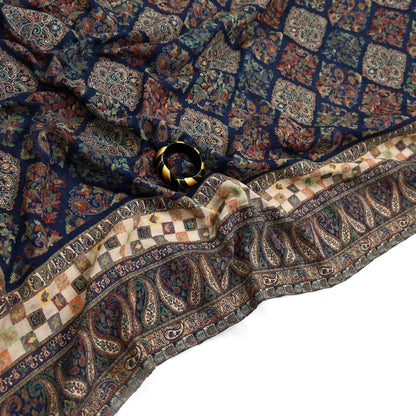 Vintage Stole Blue woolen Handmade Jamawar work Long Throw Warm Stole Paisley Design Fringes