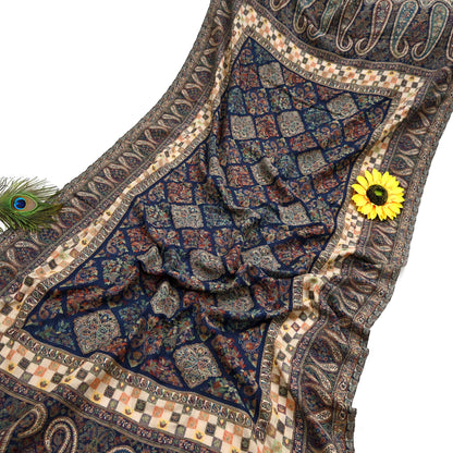 Vintage Stole Blue woolen Handmade Jamawar work Long Throw Warm Stole Paisley Design Fringes