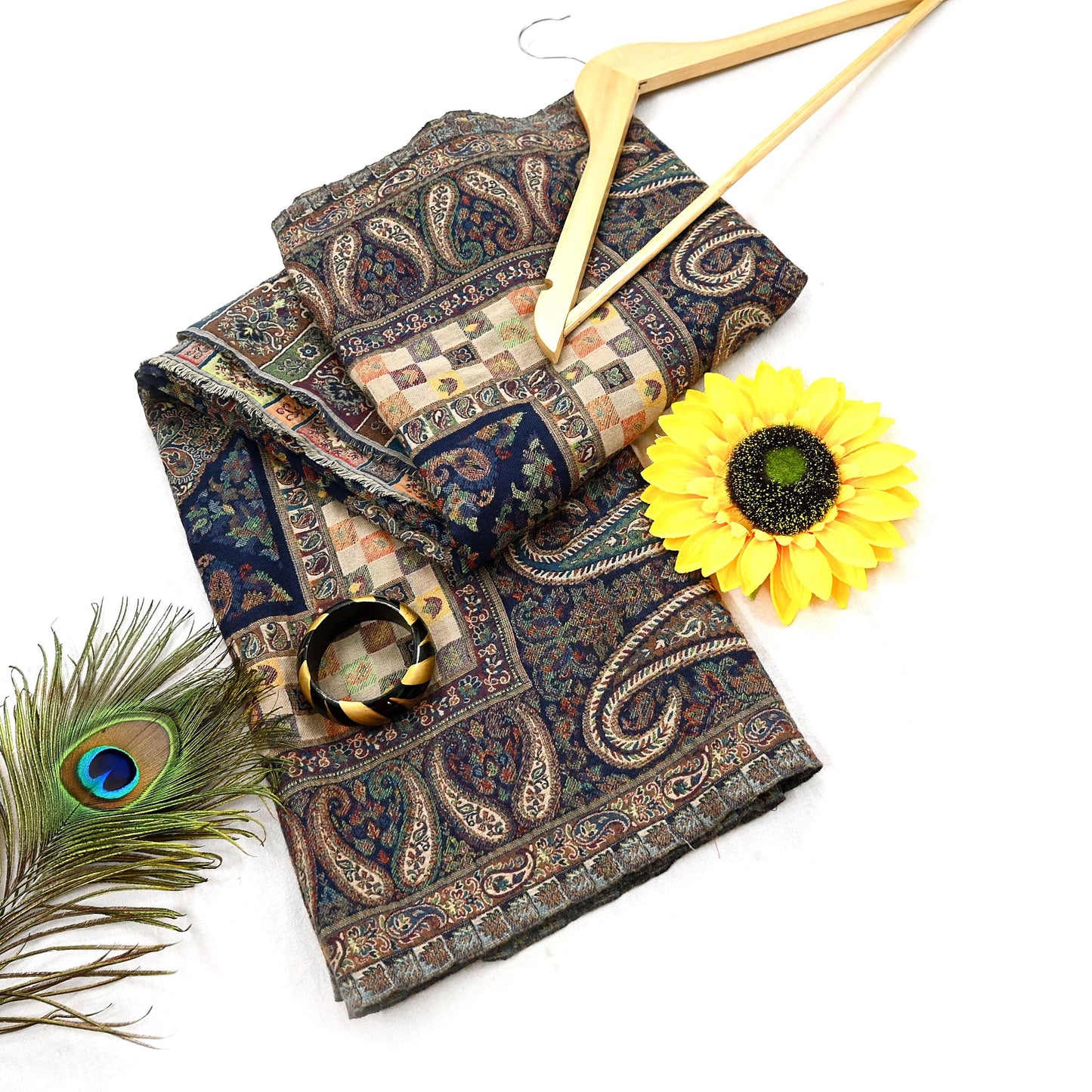 Vintage Stole Blue woolen Handmade Jamawar work Long Throw Warm Stole Paisley Design Fringes