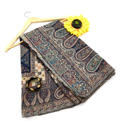 Vintage Stole Blue woolen Handmade Jamawar work Long Throw Warm Stole Paisley Design Fringes