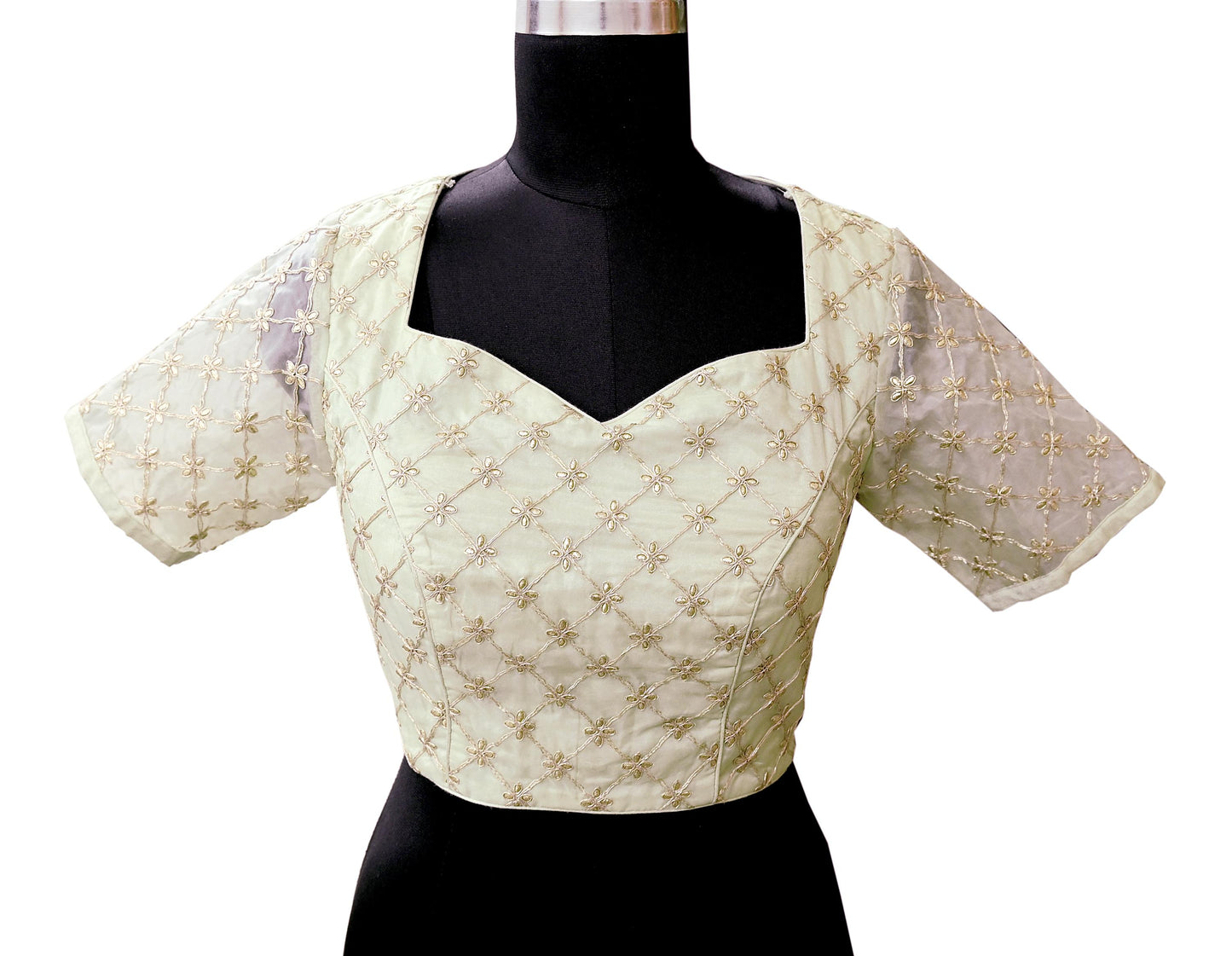 Indian Pre-owned Green Pure Organza Silk Hand Embroidered By Designer Abu Jani Blouse/Top/Crop 36 Size Party wear Bollywood