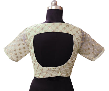 Indian Pre-owned Green Pure Organza Silk Hand Embroidered By Designer Abu Jani Blouse/Top/Crop 36 Size Party wear Bollywood