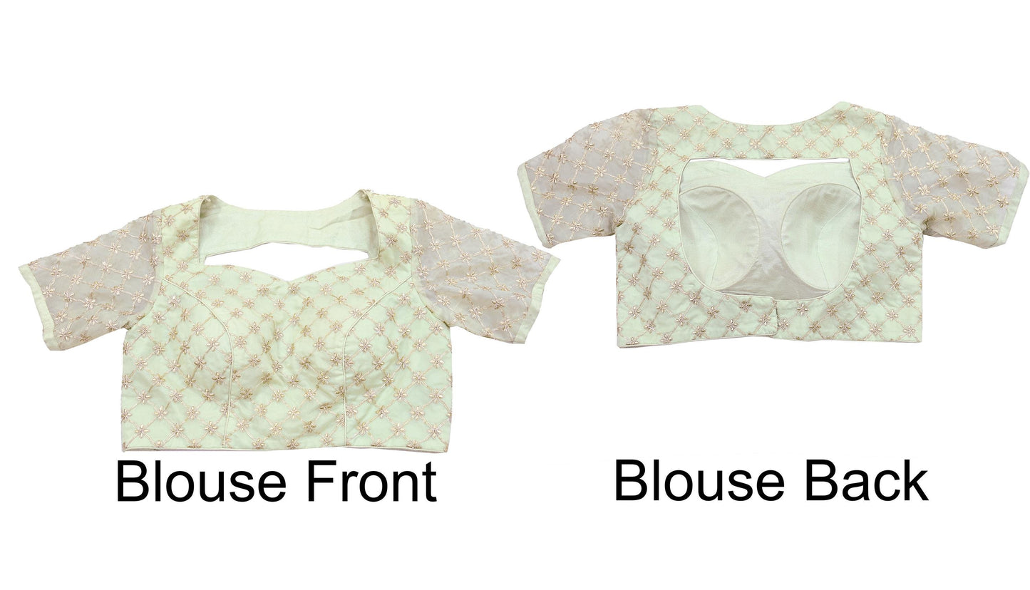 Indian Pre-owned Green Pure Organza Silk Hand Embroidered By Designer Abu Jani Blouse/Top/Crop 36 Size Party wear Bollywood